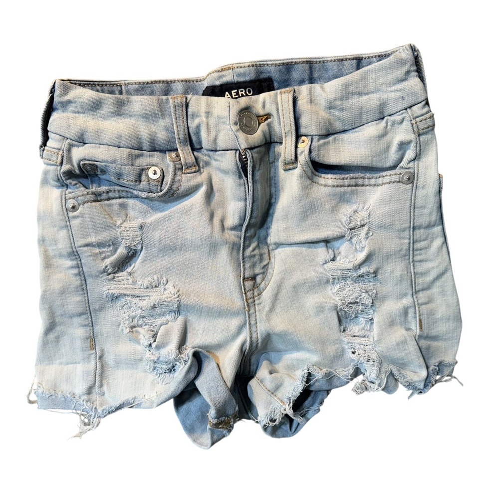 Aeropostale Womens High Rise Curvy‎ Midi Light Wash Distressed Denim Shorts Sz 0